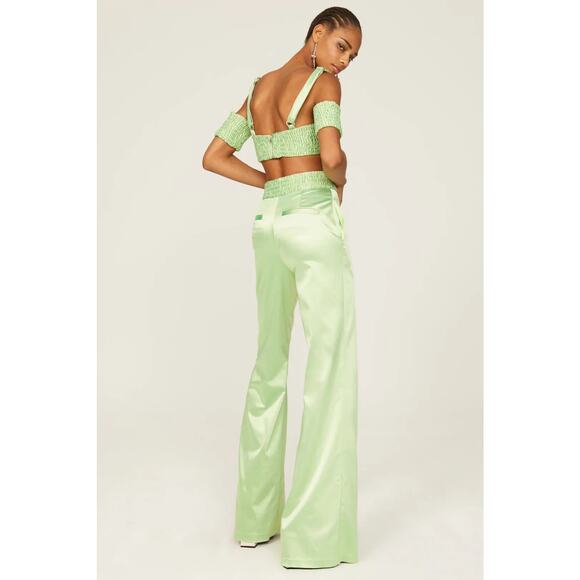 Aliette Sz 10 Green Lime Silk Satin silky Wide Leg Smocked Waist Pants Urban - Picture 2 of 5